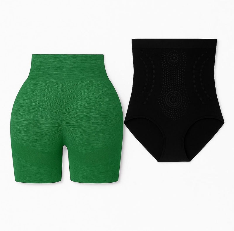 Conjunto de pantalones cortos de yoga verdes y corsé adelgazante