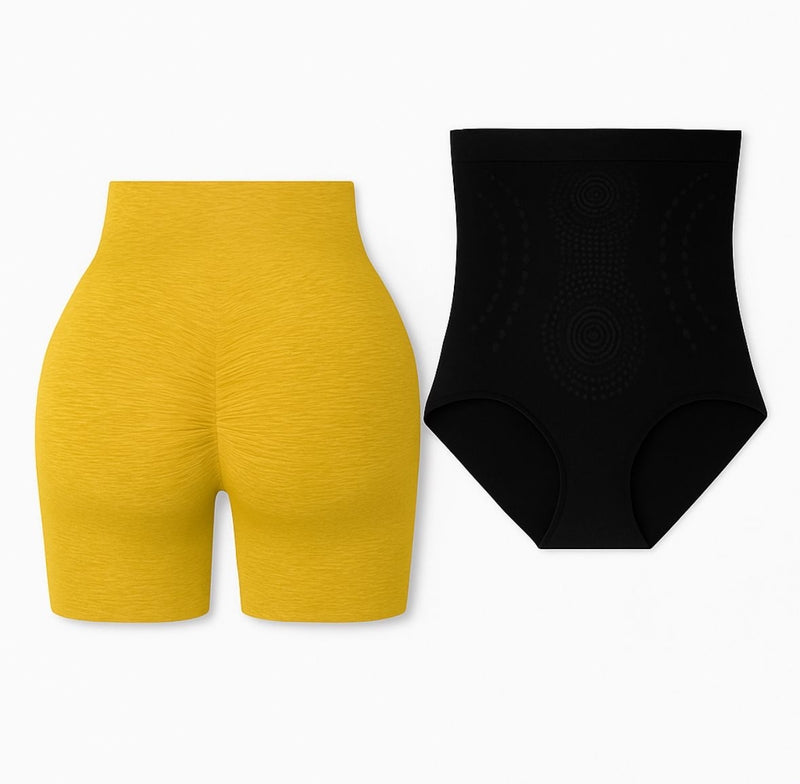 Conjunto de pantalones cortos de yoga amarillos y corsé adelgazante