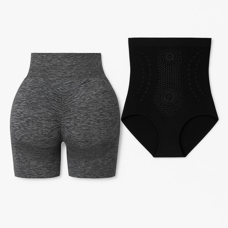 Conjunto de pantalones cortos de yoga grises y corsé adelgazante